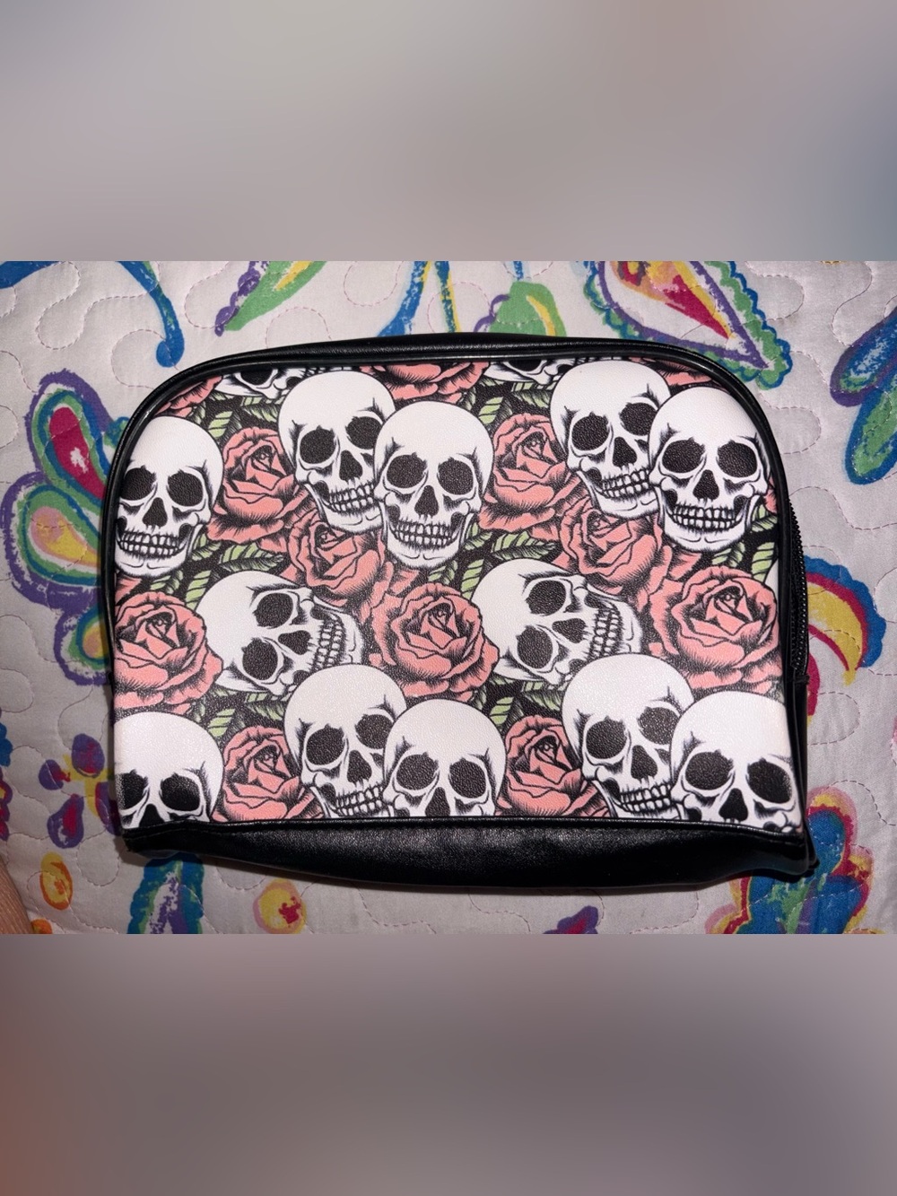 Skull & Rose Makeup Pouch - Pink and Black